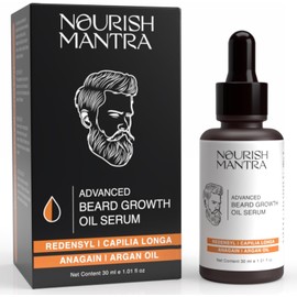 NOURISH MANTRA - Suero avanzado de aceite para el crecimiento de la barba | Fabricado con Redensyl, Capilia Longa, aceite de argán, vitamina E y aceite de jojoba para un crecimiento de la barba más