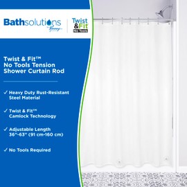 Kenney KN608C/40 Twist & Fit No Tools Camlock Tension Easy Install Shower Curtain Rod with Non-Slip, Non-Scratch Ends, 36-63" Adjustable Length, Chrome, 1" Diameter Rust Resistant Steel Tube