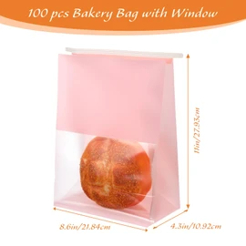 100 Pcs Pink Resealable Kraft Paper Bread Loaf Bag for Homemade Sourdough Bread, 8.6 x 4.3 x 11 Inches Food Packaging Bakery Bag with Front Window and Tin Tie Tab Lock for Gifting & Bake Sale