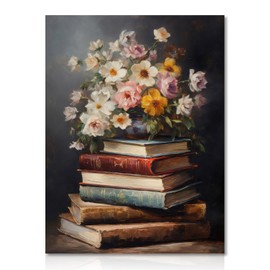 Dazzlewall Vintage Flowers Wall Pictures Moody Flowers Books Canvas Pictures Oil Painting Poster Dark Academia Aesthetic Decoration for Bedroom 30 x 40 cm Unframed