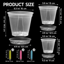 Clear Thick Plastic Pots for Plants with Drainage Holes, 5/6/7 Inch 18 Pack Reinforced Nursery Pots with Saucers & Labels, Indoor Outdoor Use for Flowers Succulents Herbs Vegetables Seed Starting
