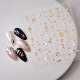 Moon Star Nail Stickers for Nail Art 5D Embossed Nail Decals White Gold Nail Stickers with Rhinestone Design Gold White Star Nail Art Supplies Decoration Accessories for Women and Girls