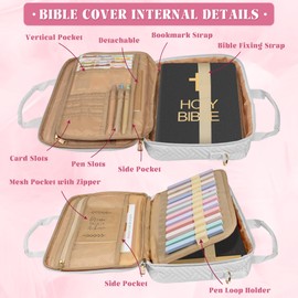 Wasachi Bible Cover for Women & Bible Case Spacious Bible Bags for Women with Adjustable Shoulder Strap Bible Study Organizer White Bible Carrying Case with Highlighters Set Christian Gifts