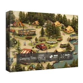 Vintage Forest Camping Puzzle for Adults 1000 Pieces, Rv Outdoor Lake Scenic Jigsaw Puzzles, Cozy Nature Family Campsite Puzzle