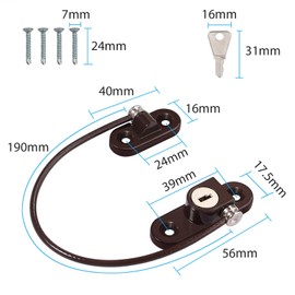 eSynic 8 Pack Window Locks Child Safety Durable& Strong Window Restrictor 185mm Wire Long Window Safety Locks Anti-Theft Security Upvc Window Locks for Home Office Factory Farm Safety etc-Brown