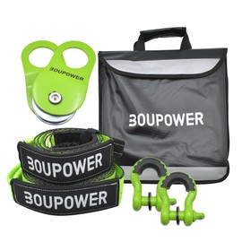 Winch Recovery Kit, Includes 20ft Tow Strap, 8ft Tree Saver, 10 Ton Snatch Block Pulley, D-Ring Shackles and Winch Line Dampener Bag, Winch Accessories Off Road 4x4 Recovery Gear Green