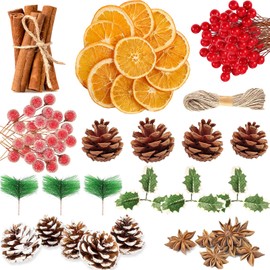 Christmas Wreath Making Supplies, 205 Holly Leaves and Berries for Craft, Dried Orange Slices and Cinnamon Sticks, Star Anise, Pinecone Berries Garland Making kit for Xmas Decor Fall Winter Crafts