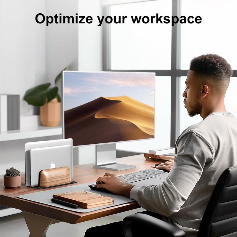 UPERGO Vertical Laptop Stand, Dual Slot Wooden Laptop Holder Vertical