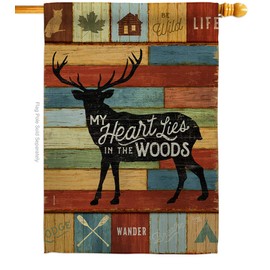Breeze Decor Lodge My Heart Lies in The Woods House Flag Outdoor Rustic Lake Cabin Moose Wildlife Adventure Forest Small Decorative Gift Yard Banner Made USA 28 X 40