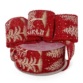 2 1/2" X 10 Yards Trees On Red Burlap Ribbon Christmas