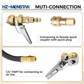 HZ-MONSTAR 2 Pack 1/4" Female NPT Closed Ball Tire Inflator with Clip, Locking Air Chuck Tire Inflator Nozzle with Quick Plug, 2-Way Connection Clip-On Air Chuck for Tire Air Compressor