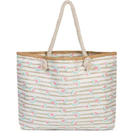 styleBREAKER 02012287 Women's XXL Beach Bag with Stripes and Melon Fruit Print Zip Shoulder Bag Shopper, Taupe-white