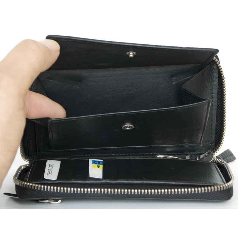 FLW Women's Black Metal Zip-Around Genuine Leather Wallet