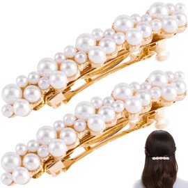 CTEAKOP 2 Pcs Pearl Hair Clips, Pearl-Embellished Barrette, Elegant Pearls Barrettes for Women, Party, Wedding, Daily Use, Graduation (Gold)