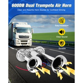 Animgrth Upgraded 12V 600DB Air Horn Dual Trumpets, Super Loud Truck Train Horns Kit with Air Compressor for Any 12V SUV Motorcycle Trucks Pickup Lorries Trains Cars Boats