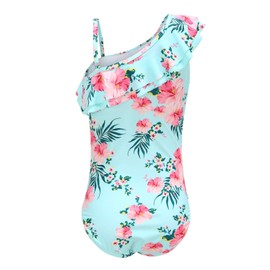 Moon Tree Big Girls One Piece Bathing Suit Hawaiian Ruffle Swimsuits Kids One Shoulder Floral Swimwear Size 14/12-14