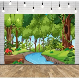 CORFOTO Jungle Forest Landscape Backdrop 5x4ft Fabric Green Trees Tropical Rainforest River Background for Jungle Safari Themed Birthday Decorations Zoo Party Banner Kids Baby Shower Photo Booth Props