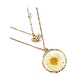 KOEDLN Double Layers Daisy Bee Pendant Necklace Dried Flowers Resin Sunflower Collar Necklace for Women