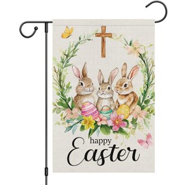 Heyfibro Happy Easter Bunnies Garden Flag 12x18 Double Sided Burlap, Easter Eggs Wreath Cross Small Yard Flag for Easter Holiday Farmhouse Yard Outdoor Decor(ONLY FLAG)