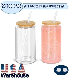 16 Oz Glass Snowglobe Tumbler Blank, Double Wall Glass Can with Pre-drilled Hole, 25 pack - Color: With colorful lid