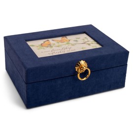 Cottage Garden A Sweet Friendship Refreshes The Soul 5.5 x 7.5 Inch Navy Blue Suede Fabric Jewelry Keepsake Music Box Plays Unchained Melody