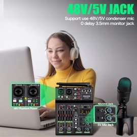 Professional Audio Mixer, 4 Channel Sound Mixer With Dual Wireless Mic, Sound Board Console MP3 Bluetooth 48V Phantom Power USB Interface DJ Mixing for Home Karaoke Party Computer Studio Recording