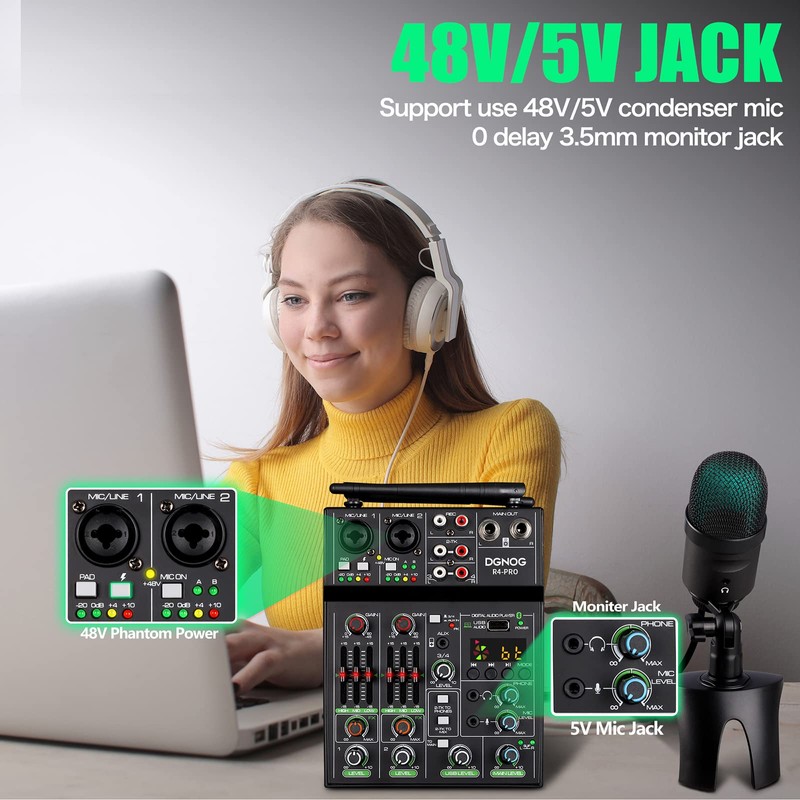 Professional Audio Mixer, 4 Channel Sound Mixer With Dual Wireless