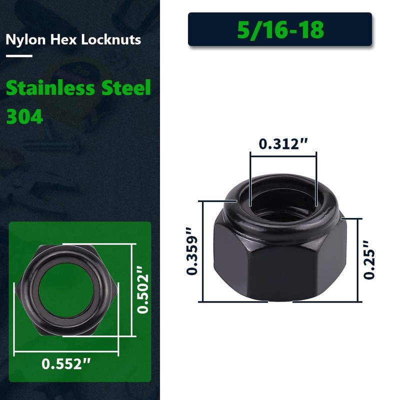 RoyceMart 5/16-18 (12 Pack) Stainless Steel Hex Locknuts, Nylon Insert