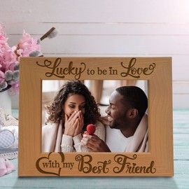 KATE POSH - Lucky to be in Love with my Best Friend Picture Frame - Engraved Natural Wood Photo Frame - Wedding Gifts, Engagement Gifts, Christmas Gifts, Valentine's Day Gifts (4x6-Horizontal)