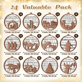 Quzzil 24 Pack Wooden Nativity Scene Ornaments - Christmas Gifts with Religious Catholic Themes, Jesus Ornaments for Tree