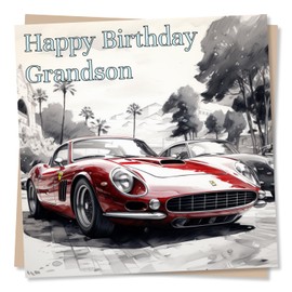 Happy Birthday Card for Grandson - Red Classic Car - Vintage Car Design - Greetings Wish for Grandson from Grandparents - Made in UK