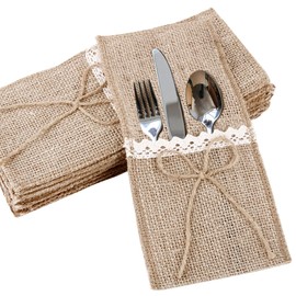 BETESSIN Pack of 20 Jute Cutlery Bags with Lace, Cutlery Bags, Hessian Cutlery Holder, Vintage Wedding Decoration, Table Decoration for Wedding, Birthday Party, Christmas, Jute