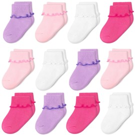 ZERULETS Baby Girl Ruffle Socks Christening Socks for Newborns 12 Pairs White Pink Elastic Socks for Toddler Girls Children 0-6 Years, 4 colours