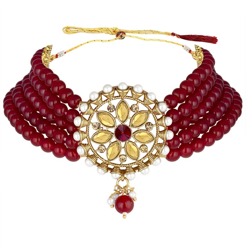 Aheli Kundan Pearl Choker Multi Layered Collar Pendientes con Manng