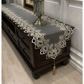 Table Runner, Tassel, Lace, Embroidery, Table Center, Stylish, Dining, Party, Fringe, Antique Scandinavian Table Mat, Ornament, Elegant (Gray Mesh, 15.7 x 70.9 inches (40 x 180 cm)