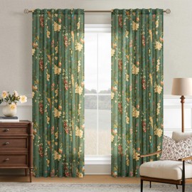 Olive Green Floral Linen Curtains for Living Room 84 Inches Long 2 Panels Back Tab Semi Sheer Light Filtering Vintage Farmhouse Boho Flower Printed Pattern Window Drapes for Dining Room Bedroom 7 Ft