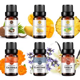 RAINBOW ABBY 6-Pack Orangic 100% Pure Essential Oil Set (Vanilla, Coconut, Mango, Pineapple, Clary Sage, Calendula) 6x10ML