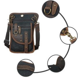 Handadsume Canvas + Genuine Leather Motorcycle Travel Fanny Waist Pack Drop Thigh Leg Bag Belt Pouch for Men Women FB2141 FB211-3 (2141-Black)