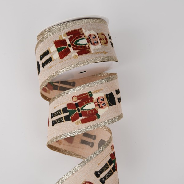 Wired Edge Christmas Ribbon with Glitter, Nutcracker Ivory Satin Toy