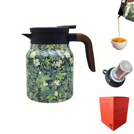 2025 Vintage Floral Pattern 1L Stainless Steel Insulated Tea & Coffee Thermos with Built-in Infuser - Single-Handed Design,Long-Lasting Heat Retention,V-Shaped Spout for Home,Office, Kitchen (Green)