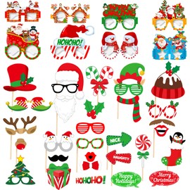 AFYHH Christmas Photo Booth Props 40Pcs Christmas Decorations Christmas Photo Backdrop for Photography Christmas Paper Glasses Party Favors for Kids Adults Party Supplies