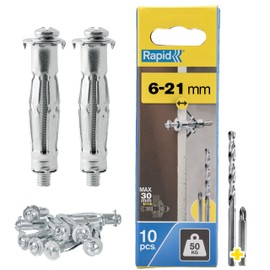 Rapid Cavity Dowel Metal with M6 Screw for Plasterboard 6-21 mm - Load Capacity 50 kg - Includes 13 x mm Drill and PH2 Bit - Set of 10 Dowels for Single Layer Walls