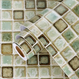 Wallercity Green Mosaic Wallpaper Waterproof Peel and Stick Wallpaper for Bathroom Kitchen Backsplash Vinyl Self Adhesive Grids Contact Paper for Furniture Removable Shower Wall Stickers 15.8''x315''