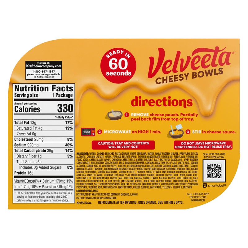 Velveeta Cheesy Bowls Bacon Mac & Cheese Microwave Meal, 9