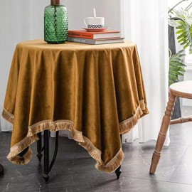 FAIRY KAARI Velvet Tablecloth Luxurious Camel Rectangle Table Tablecloth Thickset with Luxurious Gold Tassels Table Cloth for Home Decor Christmas Wedding, Party, Banquet and Events 55X55inch