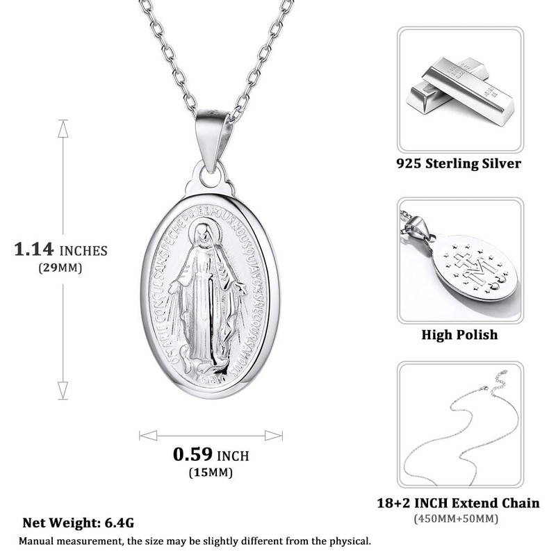 Nofade Silver Virgin Mary Necklace for Women Men 925 Sterling