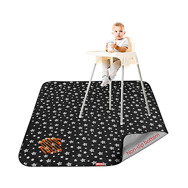 High Chair Mat Waterproof and Washable Splat Mat, Baby Splat Mat for Under High Chair, Non Slip Mat for Art/Crafts/Playtime, Protable Picnic Table Cloth Mat, 46'' x 42'', Black Star