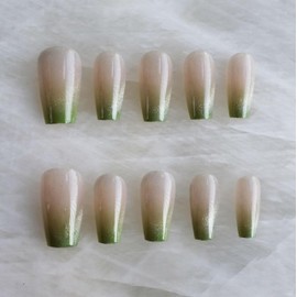 Glossy Cat Eye Ballerina Press-On Acrylic Nails, Coffin Style (Green, S)