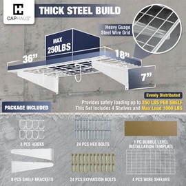 CAPHAUS Garage Wall Shelving, 72 in. W x 18 in. D Wall Mounted Garage Shelves w/ 4 Bike Hooks, Heavy Duty Organizer Shelf for Garage Storage System, Black or White
