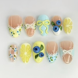 30Pcs 3D Lemon Blueberry Press on Nails Short Almond Fake Nails with Bow Design Reusable Acrylic False Nails Cute Summer Fruit Themed Glossy Full Cover Stick on Nails for Women DIY Acrylic Nails Kit